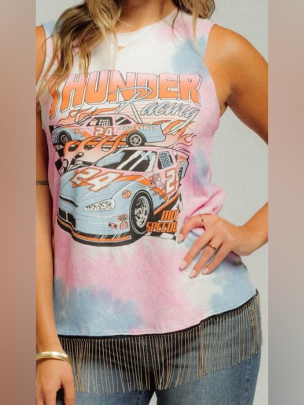 100% Cotton NWT Retro Pastel Tie-Dye Racing Graphic Tank Top With Fringe
